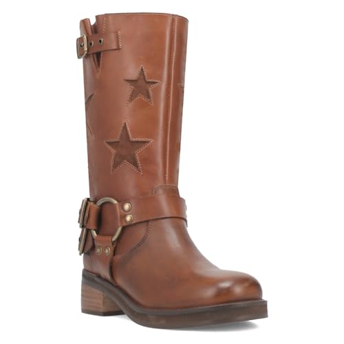 Image of Dingo Womens Blacklist Tooled Inlay Round Toe Pull On Motorcycle Casual Boots Mid Calf Mid Heel 2-3 inch