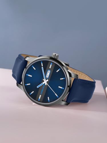 Image of Daniel Klein Navy Blue Leather Strap Day Dated Men's Analog Watch - DK.1.14024-2