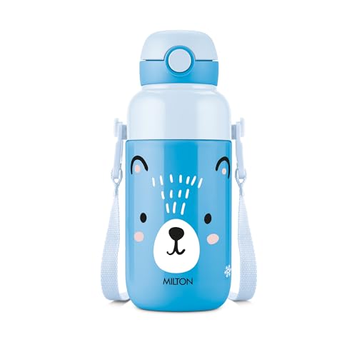 Image of Milton Steel Indus 400 Thermoware PU Insulated, 390 ml Water Bottle with Straw for Kids, Leak Proof Flip Top Sipper Lid Bottle, School, Picnic, Easy to Carry Belt, Blue