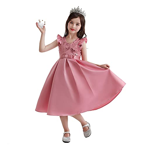 Fairy Cute Party Pageant Prom Vintage Flower Girl Dress Teens Girls Knee Length Sleeveless Wedding Bridal Ball Gown Formal Christmas Day Dress Size 4 5 Years (Bean Powder 120) #TOP1