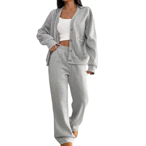 Image of NSICBMNO Grey Womens Lounge Wear Sets Two Piece Outfit Long Sleeve Button Up Cardigan Straight Leg Joggers Baggy Sweatpants Airport Outfits Co Ord Sets Jogging Suits Casual Tracksuit With Pockets
