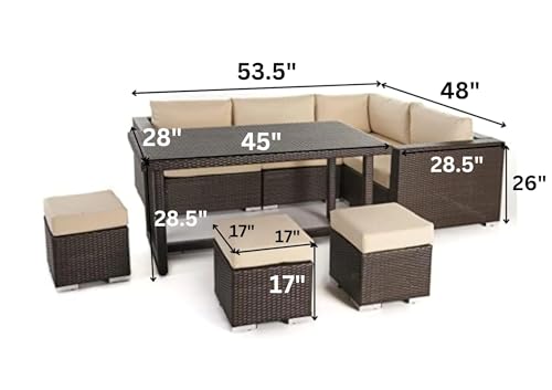 Image of DEVOKO Large Outdoor Wicker Sofa Set, HDPE Rattan, Movable Cushion, Sectional Dinning Sofa, for Backyard, Porch, Pool (Dark Brown & Cream)