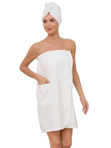 Image of Air Curvey Soft Wrap Towel for Women Lightweight Spa Body Wrap Shower Wrap Robe Adjustable Closure Bathrobe with Pocket White L