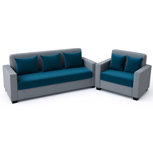Image of FURNY Lexon 5 Seater Fabric 3+2 Sofa Set (Aqua Blue-Light Grey) | Premium Velvet Finish | Durable & Comfortable | Ideal for Living Room