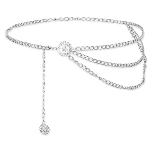 Sliver Chain Belt for Women Multilayer Metal Waist Chain Belts, Fashion Multilayer Adjustable Women Sliver Long Belt Body Belly Jewelry for Dresses Jeans Trousers