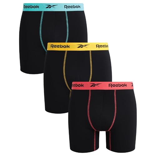 Reebok Mens Boxer Briefs - 3 Pack Stretch Moisture Wicking 6” Inseam Mens Underwear with Contour Pouch Boxers for Men, Size Large, All Black