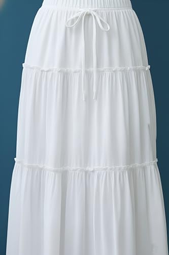 Image of Women's Rayon Full Length Maxi Skirt | Solid Black & White Regular Fit Skirt with Elasticated Waistband and Drawstring