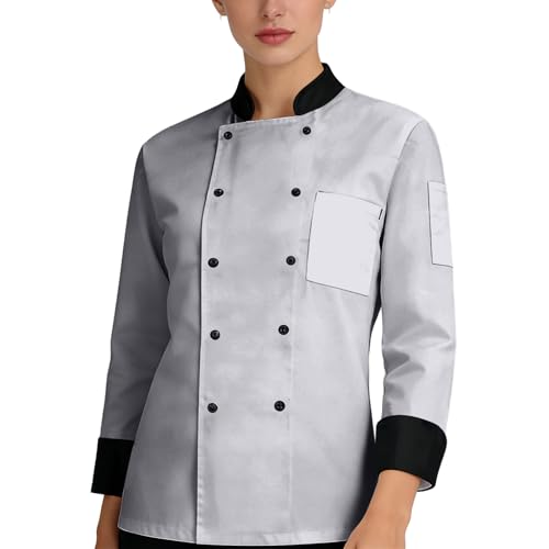Summer Shirts For Men Uk, Professional Chef Jacket Women Long Sleeve Uniform Food Service, Restaurant, Shirts Tops (XXL, Light Gray)