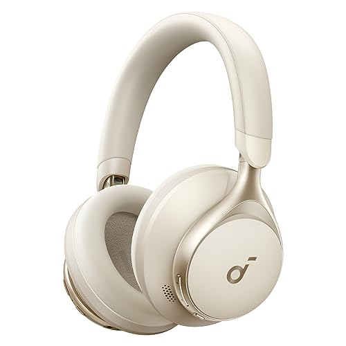 Soundcore by Anker Space One over-ear headphones in cream-white with the Soundcore wordmark on the ear cup, a USB-C port and a multi-function button on the right cup, soft-cushioned headband — Wirecutter's May 13 2026 budget pick with LDAC codec at US$79.99 and ★4.4 across 14,693 verified buyer reviews