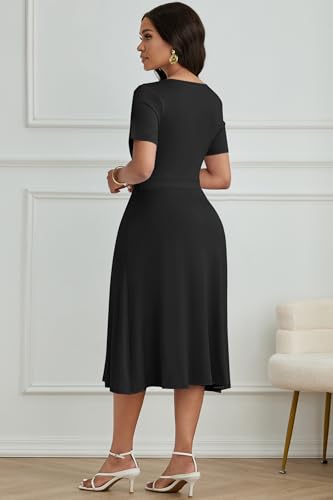 Image of Nmoder Casual Wrap Midi Dresses for Women Wedding Guest Cocktail Tea A-Line Swing Dresses V Neck Short Sleeve with Pockets Black L