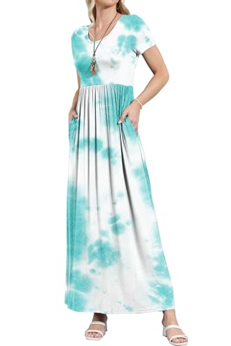 Image of EUOVMY Women's Short Sleeve Loose Plain Maxi Dresses Casual Vacation Long Dresses with Pockets