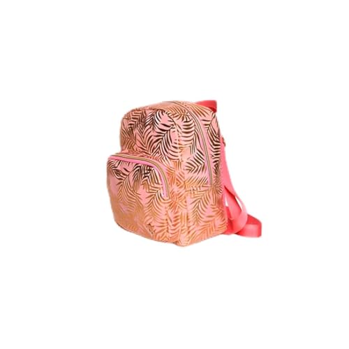 Mochila Feminina Brilhosa com Estampa de Folhas, 23,5 x 20 x 13,5 cm, Vinil Têxtil, Rosa