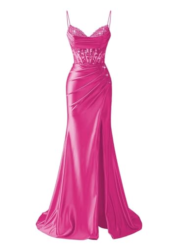Ztikolen Hot Pink Prom Dresses Spaghetti Straps V-Neck 2026 - Satin Fitted Mermaid Gown with Lace...