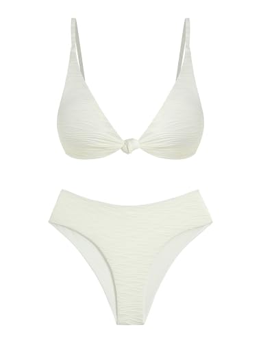 ZAFUL Bikini Set for Women V Neck Knot Front Push Up Bathing Suit High Cut Two Piece Swimsuit Brazilian Cheeky Swimwear (US, Alpha, X-Small, Regular, Regular, White)