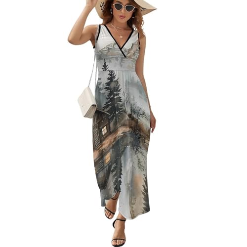 Image of Mountain Hut by The Lake Sleeveless Maxi Dress Summer Beach Wrap V Neck Sundresses Flare Tank Dresses XL
