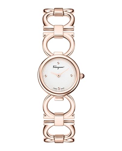 Ferragamo Double Gancini Collection Luxury Womens Watch Timepieces with a Rosegold Bracelet and Case Featuring a White Dial
