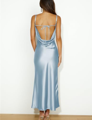 Image of Summer Satin Spaghetti Strap Cowl Neck Backless Midi Dresses for Women Elegant Tie Low Back Ruched Cocktail Dress