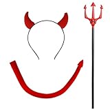 Jmkcoz Halloween Devil Costume Accessories - Horn Headband, Red Tail, Long Pitchfork for Demon Dress Up Cosplay