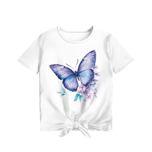 Xhuibop Girls Summer Outfits Short Sleeve Tie Bow Front T-shirts Cute Tops for Kids 5-124