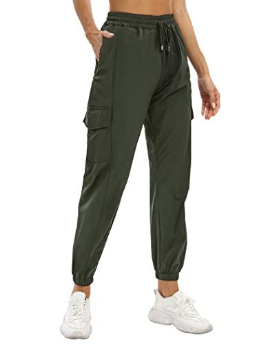 siliteelon Damen-Jogginghose, schnell trocknend, leicht, für Wanderungen, Laufen, Reisen, Lounge, Outdoor, mit Reißverschlusstaschen, armee-grün, M Cover
