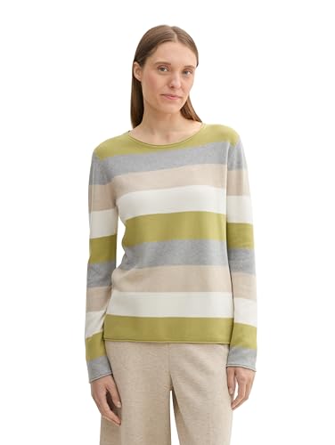 Tom Tailor Damen Strickpullover mit Rundhals, 37067 - Green Block Stripe, M – Ansicht 1
