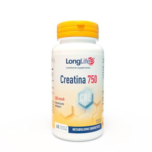 LongLife® Creatina 750 | Creatina monoidrato micronizzata ultrapura | Energia e forza muscolare | Performance fisica e sportiva | 60 capsule | Senza glutine e doping free