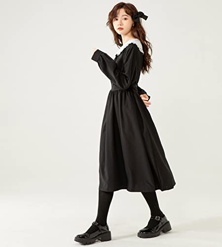 Packitcute Teen Girls Gothic Long Sleeve Dress Japanese Style Harajuku Casual Turndown Collar Midi Dresses Black2