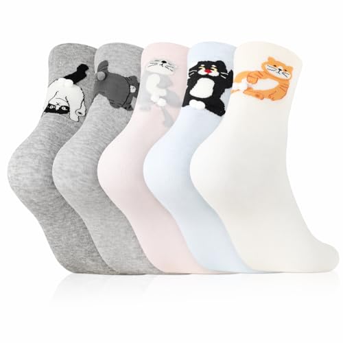 scenicamp 5 Pairs Cute Cat Socks with Bells Womens 3D Novelty Funny Animal Cotton Crew Socks for Women Cats Lovers Gifts Fun Crazy Weird Unique Sock for Girls Lady Mom