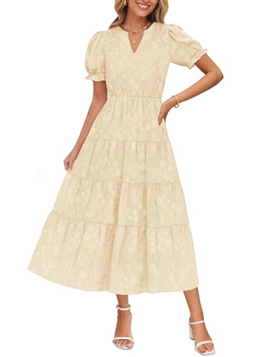 Image of ZESICA Womens Summer Floral Flowy Midi Dress 2026 Puff Short Sleeve V Neck Ruffle Tiered Beach Vacation Party Dresses