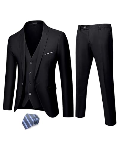 Hihawk Men's 3 Piece Suit Set with Tie, One Button Solid Slim Fit Jacket Vest & Pants, Suits for Mens Wedding Party Business