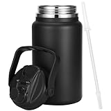 Olerd 1 Gallon Thermosflask with Straw, 135oz Stainless Steel Insulated Water Bottle，4L Oversized Double Wall Vacuum Jug with Handle for Hot Cold Drinks, Wide mouth Icebuckets for Hiking Sports(Black)