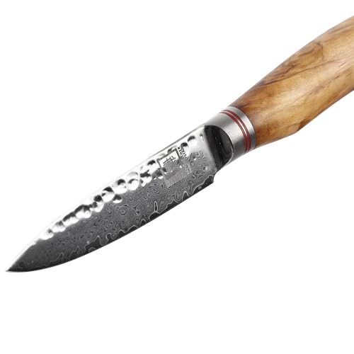Foto von zayiko Minami Premium Officemesser mit 9 cm Klinge gefertigt aus 67 Lagen echtem Damaststahl mit Hammerschlag und Olivenholzgriff I Holzbox I Damastmesser Küchenmesser und Profi Kochmesser