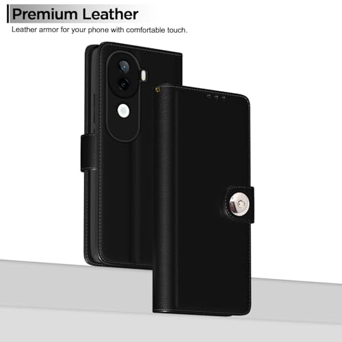 Image of Pikkme Flip Cover Leather Finish | Inside TPU with Card Pockets | Wallet Stand and Shock Proof | Complete Protection Button Flip Case for Vivo V40e 5G / iQOO Z9s 5G(Black)