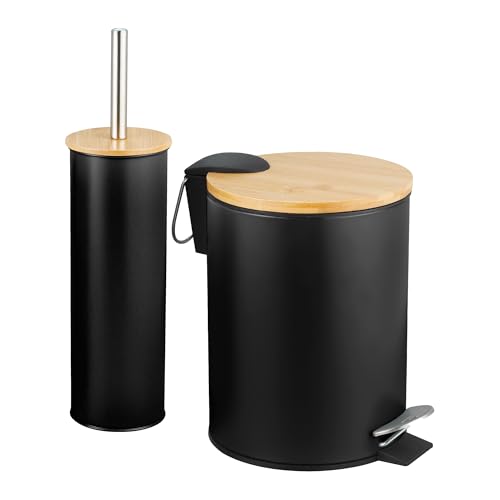 Amig - Set aus Mülleimer und WC-Bürstenhalter Naturline - Ø168 x 230 mm - Edelstahl und Bambus - Farbe Schwarz - Praktisches und stilvolles Bad-Set - Perfekt für eine anspruchsvolle Einrichtung
