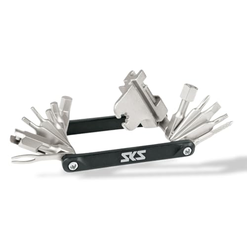 SKS GERMANY TOM 22 Outil multifonction (mini outil de vélo plat avec 22 fonctions, poignées ergonomiques, outils en acier au chrome vanadium, convient pour les pneus tubeless, boîtier en aluminium)