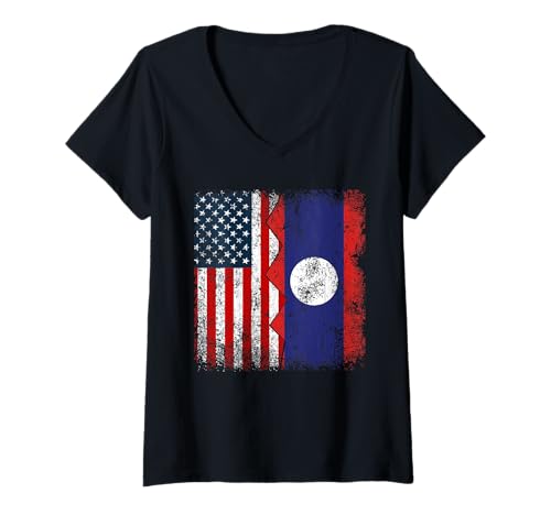 Womens LAOTIAN Roots | Half American Flags | America Laos Vintage V-Neck T-Shirt