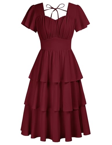 Image of Belle Poque Women's Vintage Square Neck Dress 2026 Summer Short Sleeve Layered Tiered Ruffle A-line Swing Midi Dress