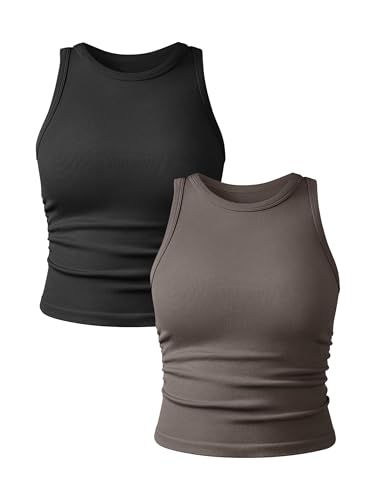 Women's 2 Pieces Basic Seamless Tank Tops Sleeveless Crew Neck Workout Exercise Crop Camis