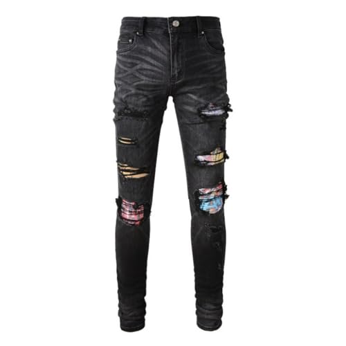 Jeans Pants Trouser Denim Men Perforated Elastic Stretch Slim Fit Street Trendy Worn Hole Black Personalized Printed Graffiti Casual Small Leg(Black,33)2