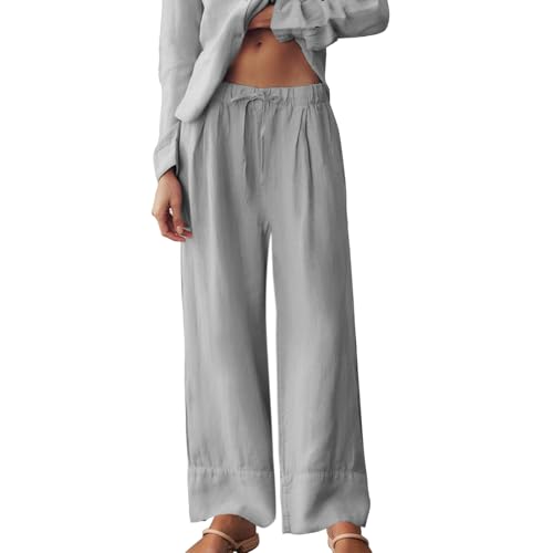 Ainangua Women Linen Palazzo Pants Casual Elasticated Drawstring Waist Wide Leg Trousers Trendy Beach Travel Outfits(Gray,L)