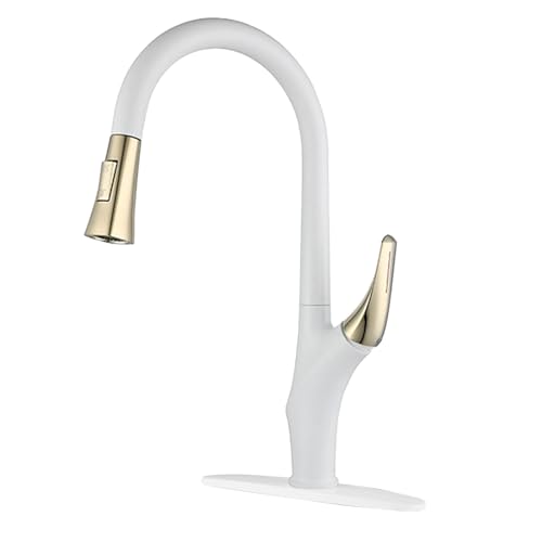 Yalsfowe White Gold Kitchen Faucet with Pull Out Sprayer, Faucet for Kitchen Sink 1 or 3 Hole, High Arc 360° Swivel Single Handle Kitchen Mixer Tap for Farmhouse, Rv, Brass