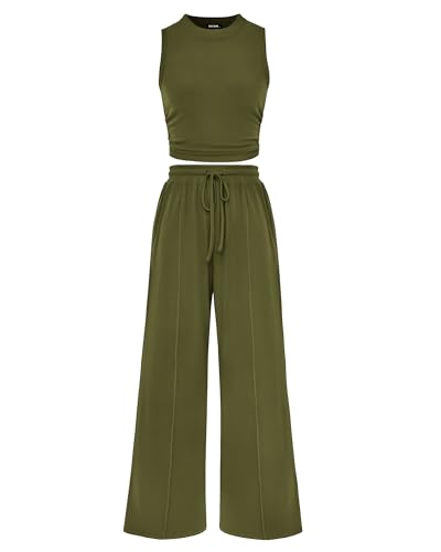 BTFBM Women Summer 2 Piece Outfits 2025 Beach Crew Neck Sleeveless Cropped Top Elastic Waist Wide Leg Pants Lounge Set(Army Green, Large)