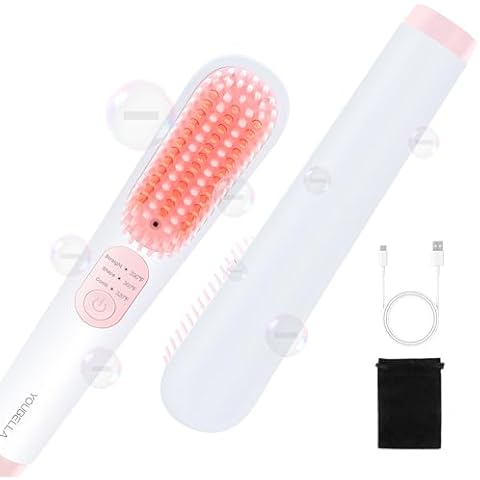 Youbella Cordless Hair Straightener Brush, Portable Negative Ion Straightening Comb for Travel, 3 in 1 Mini Hot Curling Hair Brush for Women, Fast Heating for All Hair Styling, Pink Cover