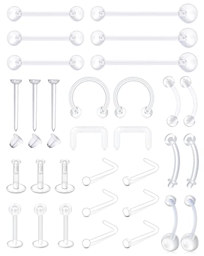 MODRSA Mix Set Clear Piercing Retainers Septum Retainer Nose Studs Flexible Lip Ear Nose Tongue Rings Nipplering Cartilage Rook Daith Earrings Horseshoe Plastic Industrial Piercing Retainer for Work