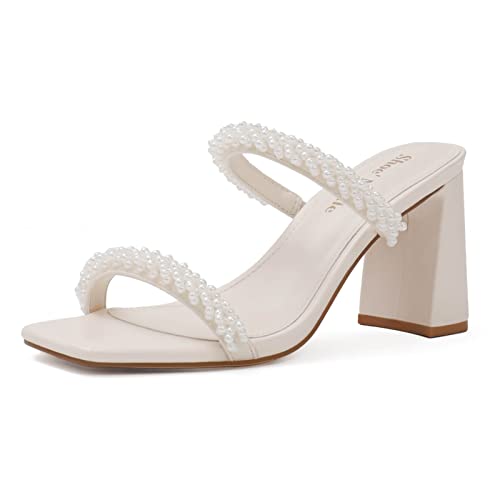Shoe'N Tale Pearl Strappy Heels for Women Two Band Chunky Block Heeled Sandals Square Open Toe Backless Mules Slip On Pumps Dressy Shoes