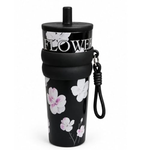 Image of STARFLYER Stylish Reusable Drinking Cup for Water, Juice & Cold Beverages | Portable Travel for Home, Office & Daily Use. (700ml Black Flower)