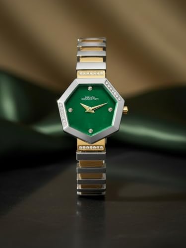 Image of French Connection Mop Green Hexagonal Dial with Gold Two Tone Stainless Steel Strap Watch for Womens - FCN0139TM