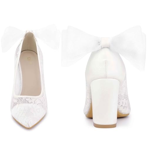 Perphy Pointed Toe Bow Bridal Block Heel Lace Pumps for Women3