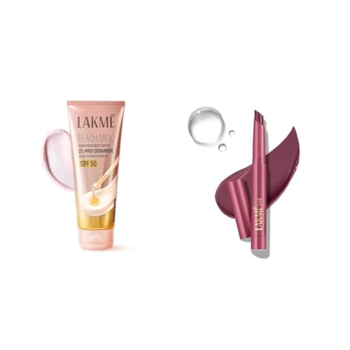 Image of Lakme Peach Milk Sunscreen Moisturiser SPF 50 PA with 2% Pro-Ceramides Peptides Lakme 9 to 5 Forever Matte Lip Crayon, Burgundy Bloom 1.1g