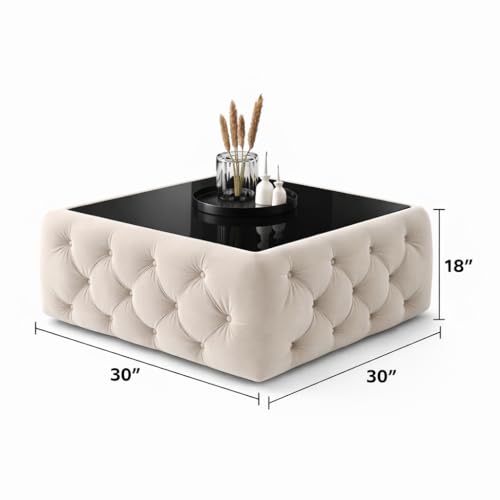 Image of Premium Tufted Upholstered Coffee Table with Black Mica Top - Modern Square Ottoman Center Table, Soft Velvet Finish, Luxury Living Room Furniture (30 x 30 x 18 Inch, Beige)